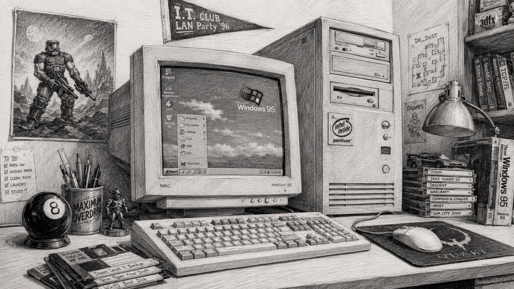 Pencil sketch of a 1990s computer desk