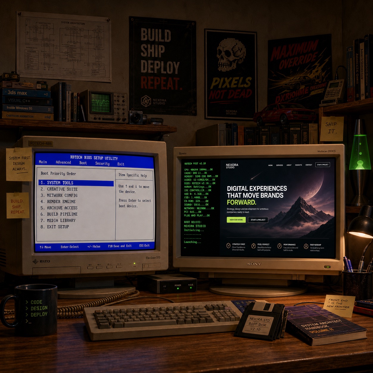 Retro workstation: BIOS setup on the left monitor, marketing details on the right monitor
